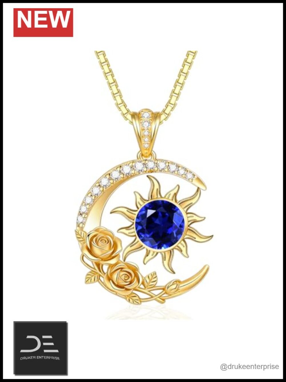 18K Gold Plated Sun Moon Pendant Necklace with Rose September Sapphire
